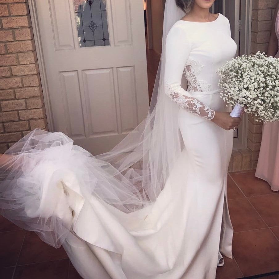 navy blue dress for baby girl Extravagant Long Mermaid V-Neck Backless Lace Wedding Dress with Long Sleeves main image 0