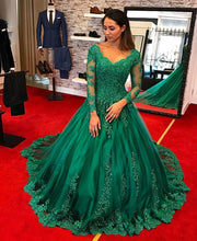 Load image into Gallery viewer, Long Sleeves Royal Blue Lace Ball Gowns Wedding Dresses