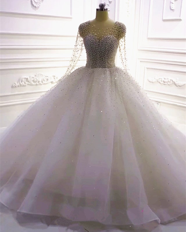 Long Sleeves Wedding Dress Pearl Beaded Organza Ball Gown