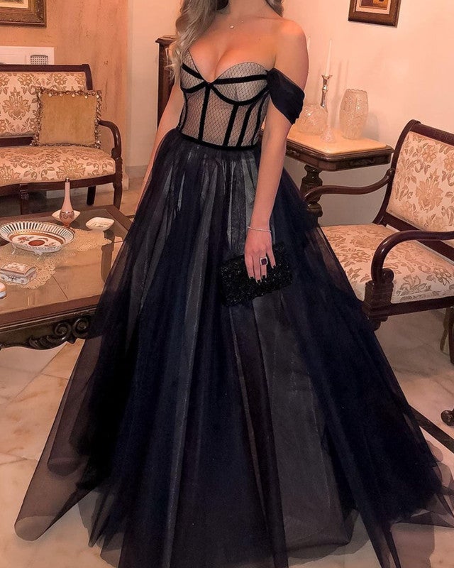 Long Tulle Corset Prom Dresses Off The Shoulder