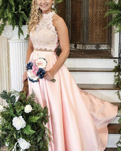 Load image into Gallery viewer, Long Two Piece Prom Dress Lace High Neck Open Back