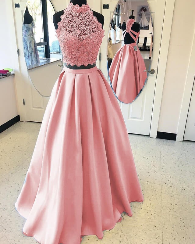 Long Two Piece Prom Dress Lace High Neck Open Back Long Two Piece Prom Dress Lace High Neck Open Back