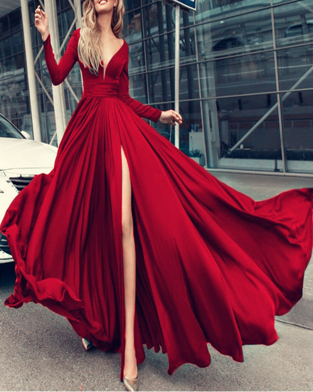 Sexy Plunge V-Neck Long Sleeves Prom Dresses Leg Split Sexy Plunge V-Neck Long Sleeves Prom Dresses Leg Split