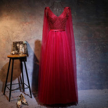 Load image into Gallery viewer, Lovely Pearl Beaded V Neck Long Burgundy Dress