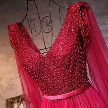 Load image into Gallery viewer, Lovely Pearl Beaded V Neck Long Burgundy Dress