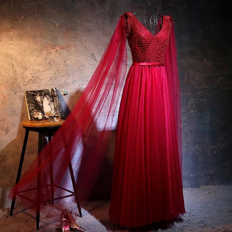 Lovely Pearl Beaded V Neck Long Burgundy Dress alinanova Lovely Pearl Beaded V Neck Long Burgundy Dress alinanova