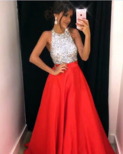 Load image into Gallery viewer, Luxurious Beaded Halter Long Satin Prom Dresses Ball Gowns