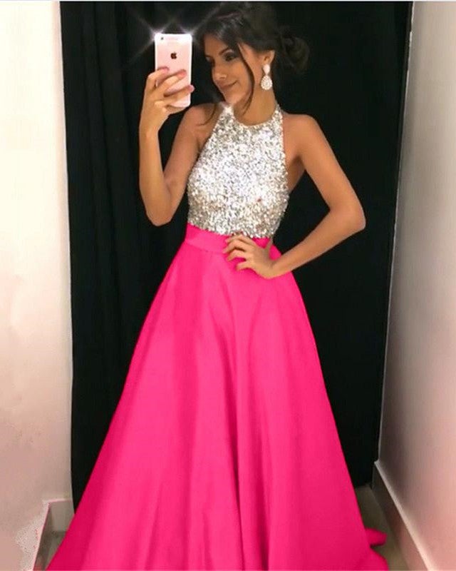 Luxurious Beaded Halter Long Satin Prom Dresses Ball Gowns