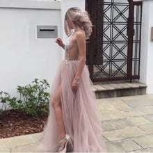 Load image into Gallery viewer, Luxurious Beaded V Neck Tulle Open Back Wedding Dresses For Engagement Party