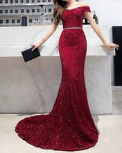 Load image into Gallery viewer, Burgundy Mermaid Evening Dress Sequin