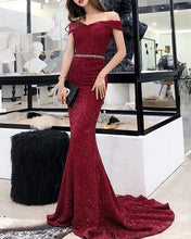 Load image into Gallery viewer, Burgundy Off Shoulder Sequin Gowns