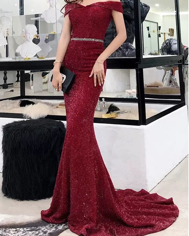 red sequin prom dresses 2020 Amazing Red Long Sleeves Prom Dress One-Shoulder Mermaid With Sequins