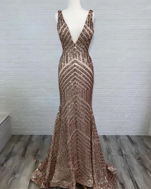 Luxurious Sequins V-neck Mermaid Prom Dresses Luxurious Sequins V-neck Mermaid Prom Dresses