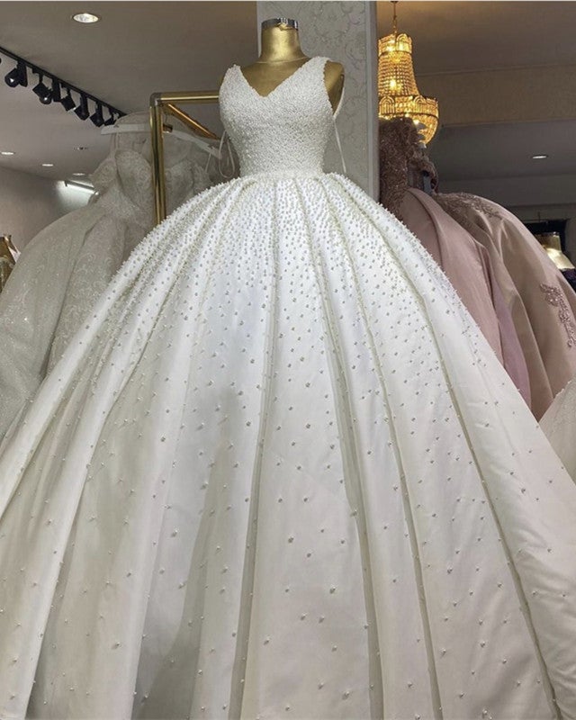 Luxury Pearl Beaded Wedding Dress V Neck Satin Ball Gown Luxury Pearl Beaded Wedding Dress V Neck Satin Ball Gown