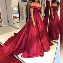 Load image into Gallery viewer, Maroon Satin V Neck Off Shoulder Ball Gown Prom Dresses-alinanova