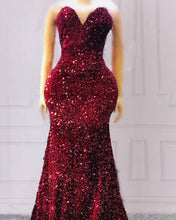 Load image into Gallery viewer, Maroon Sequin Prom Dresses Mermaid Strapless