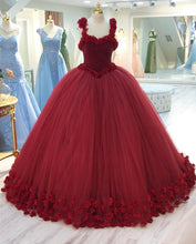 Load image into Gallery viewer, Maroon Tulle Ball Gown Flower Wedding Dresses With Crystal Beaded Bodice