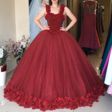 Load image into Gallery viewer, Maroon Tulle Ball Gown Flower Wedding Dresses With Crystal Beaded Bodice-alinanova