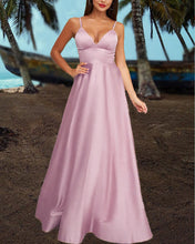 Load image into Gallery viewer, Sexy Long Satin V Neck Empire Dresses Spaghetti Straps