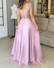 Load image into Gallery viewer, Two Piece Prom Dresses Lace Cap Sleeves Open Back
