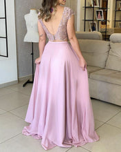 Load image into Gallery viewer, Two Piece Prom Dresses Lace Cap Sleeves Open Back