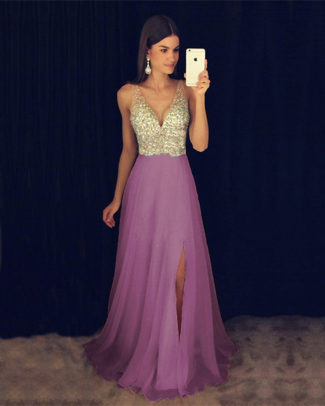 Deep V Neck Crystal Beaded Long Chiffon Prom Evening Dresses alinanova Deep V Neck Crystal Beaded Long Chiffon Prom Evening Dresses alinanova