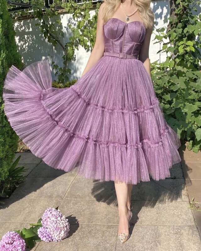 Mauve Purple Tulle Tea Length Corset Dress Mauve Purple Tulle Tea Length Corset Dress
