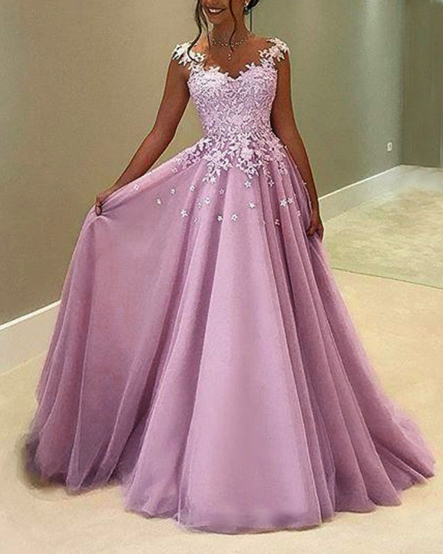 Long Chiffon Lace Appliques Prom Dresses Modest Evening Gown alinanova Long Chiffon Lace Appliques Prom Dresses Modest Evening Gown alinanova