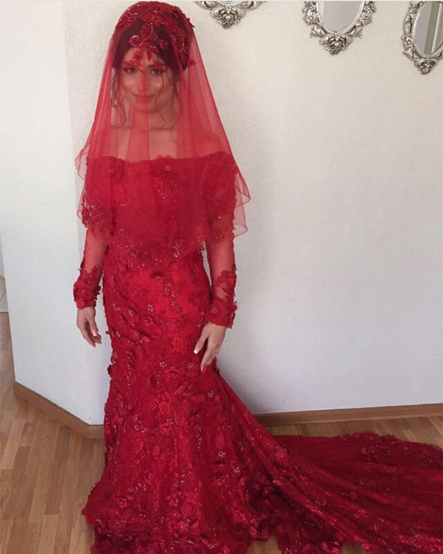 chinese dress ladies Off The Shoulder Long Sleeves Burgundy Lace Mermaid Wedding Dresses