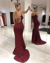 Load image into Gallery viewer, Burgundy Sequin Mermaid Evening Dresses Open Back