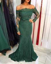Load image into Gallery viewer, Long Sleeve Mermaid Emerald Green Prom Dresses