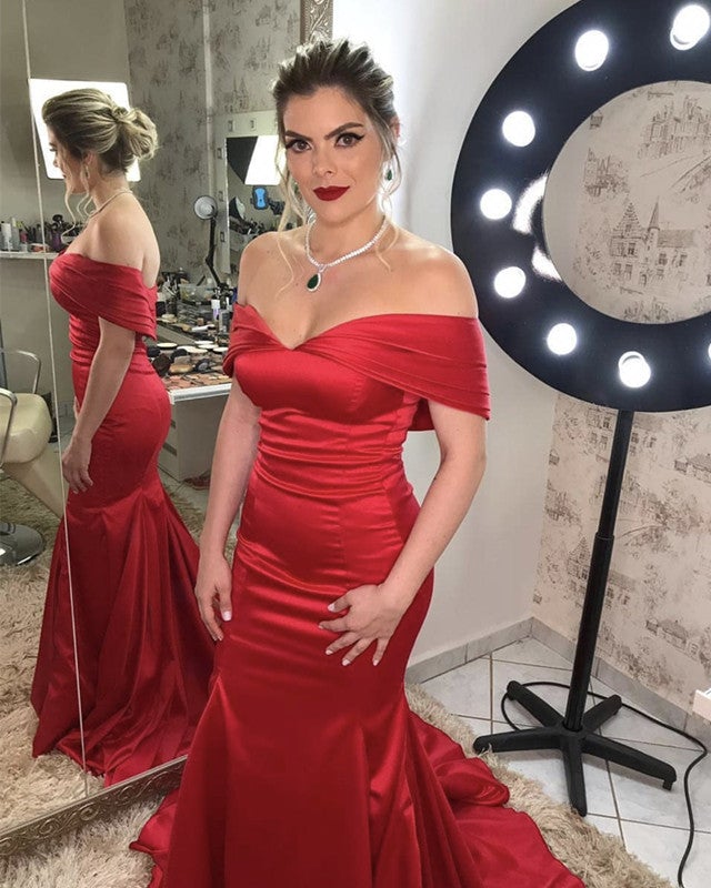 Mermaid Off Shoulder Satin V-Neck Prom Dresses