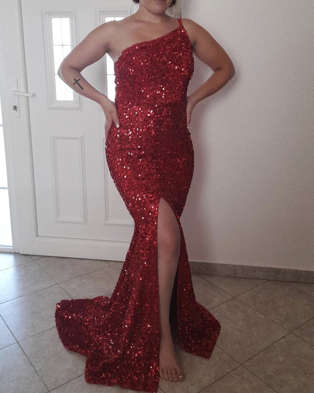 Mermaid One Shoulder Sequin Dresses Split Mermaid One Shoulder Sequin Dresses Split