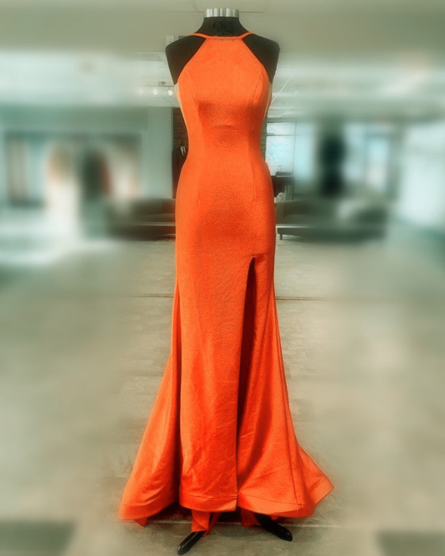 Mermaid Orange Prom Dresses Halter Neck Split Mermaid Orange Prom Dresses Halter Neck Split