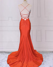 Load image into Gallery viewer, Mermaid V Neck Orange Prom Dresses Spaghetti Straps