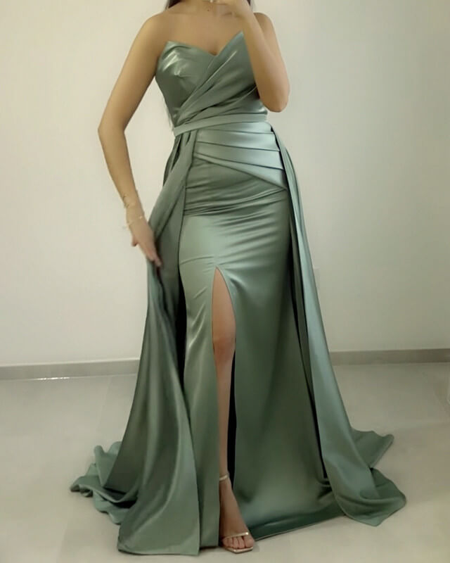 Mermaid Pleated V Neck Slit Satin Dress alinanova Mermaid Pleated V Neck Slit Satin Dress alinanova