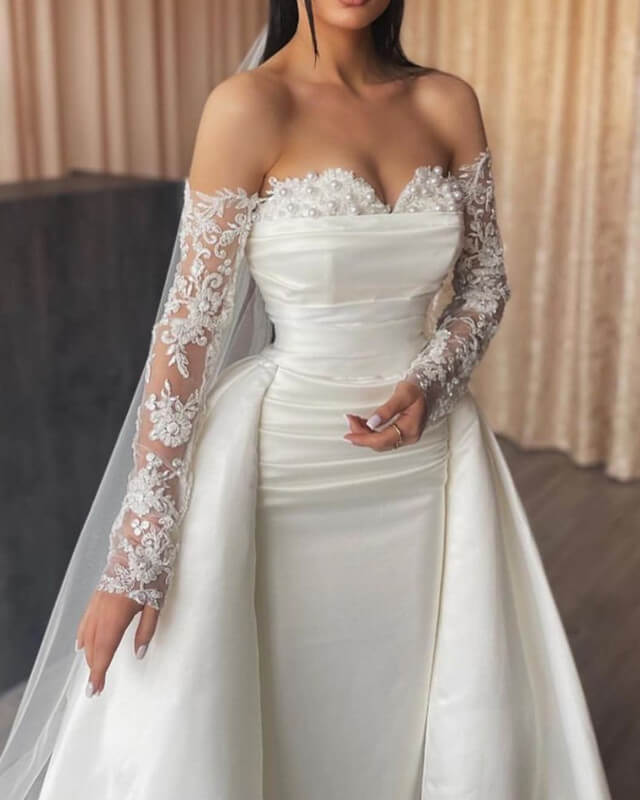 Mermaid Removable Sleeve Wedding Dress Satin Mermaid Removable Sleeve Wedding Dress Satin