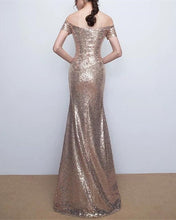 Load image into Gallery viewer, Gold Mermaid Sequin Off Shoulder Bridesmaid Gowns
