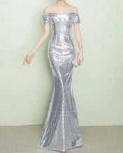 Load image into Gallery viewer, Silver Sequin Bridesmaid Dresses Mermaid Off Shoulder