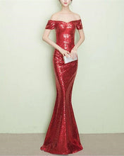 Load image into Gallery viewer, Red Sequin Bridesmaid Dresses Mermaid Off Shoulder