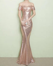 Load image into Gallery viewer, Rose Gold Sequin Bridesmaid Dresses Mermaid Off Shoulder