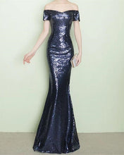 Load image into Gallery viewer, Navy Blue Sequin Bridesmaid Dresses Mermaid Off Shoulder