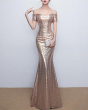 Load image into Gallery viewer, Gold Sequin Bridesmaid Dresses Mermaid Off Shoulder