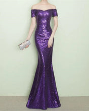 Load image into Gallery viewer, Purple Sequin Bridesmaid Dresses Mermaid Off Shoulder
