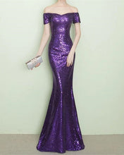 Load image into Gallery viewer, Purple Sequin Bridesmaid Dresses Mermaid Off Shoulder