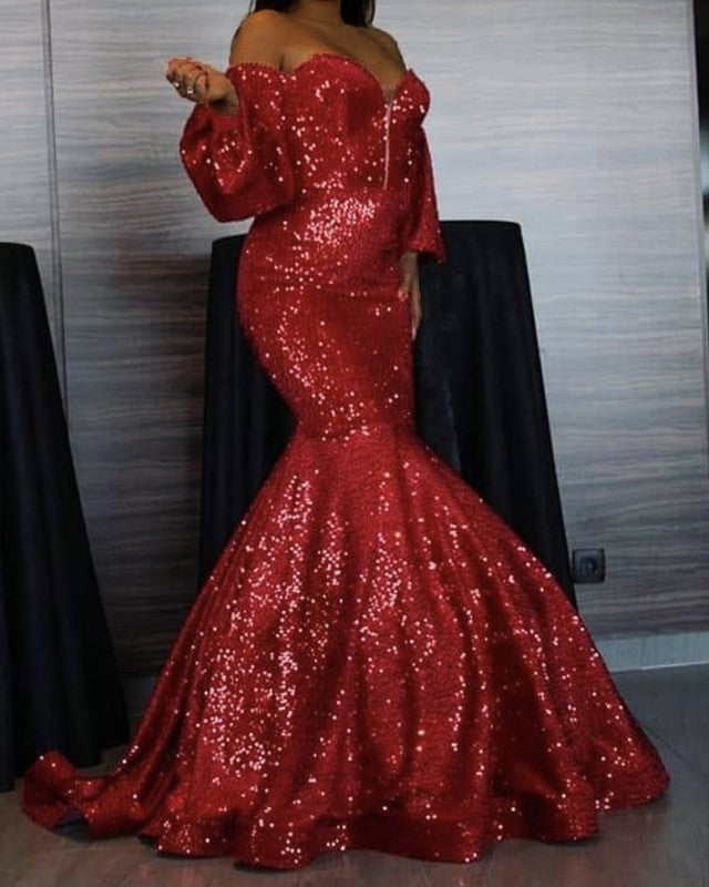 Mermaid Sequin Puffy Sleeves Prom Dresses Mermaid Sequin Puffy Sleeves Prom Dresses