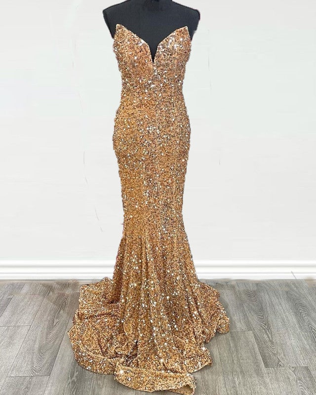 Mermaid Strapless Gold Sequin Prom Dresses – alinanova
