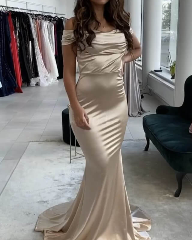 celebrity dress mistakes Mermaid Champagne Satin Bridesmaid Dresses Off Shoulder