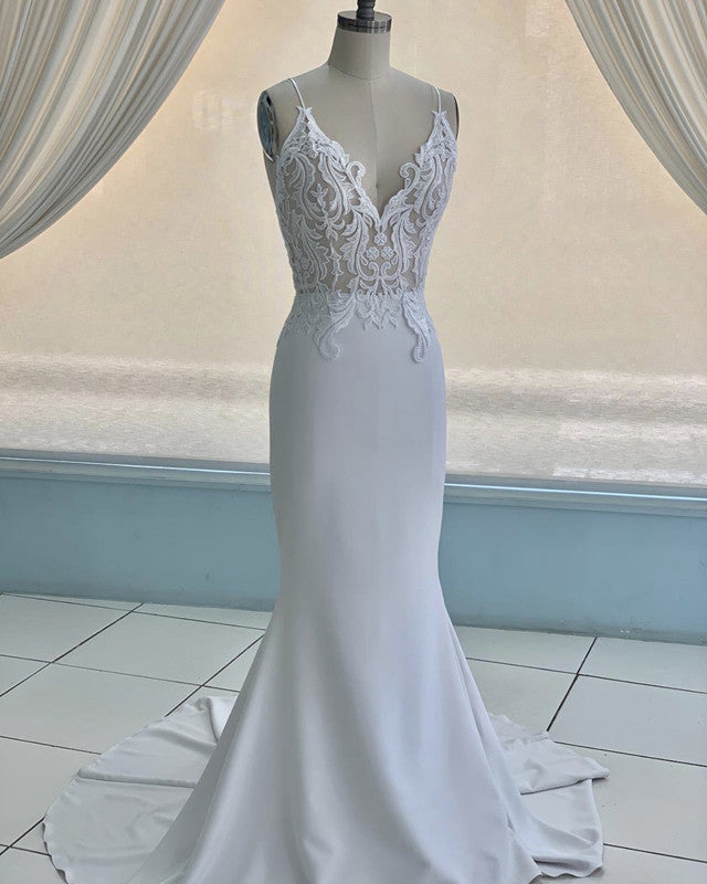 Mermaid V Neck Wedding Dress Lace Embroidery