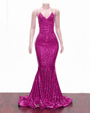 Load image into Gallery viewer, Mermaid V-neck Cross Back Sequins Prom Evening Dresses